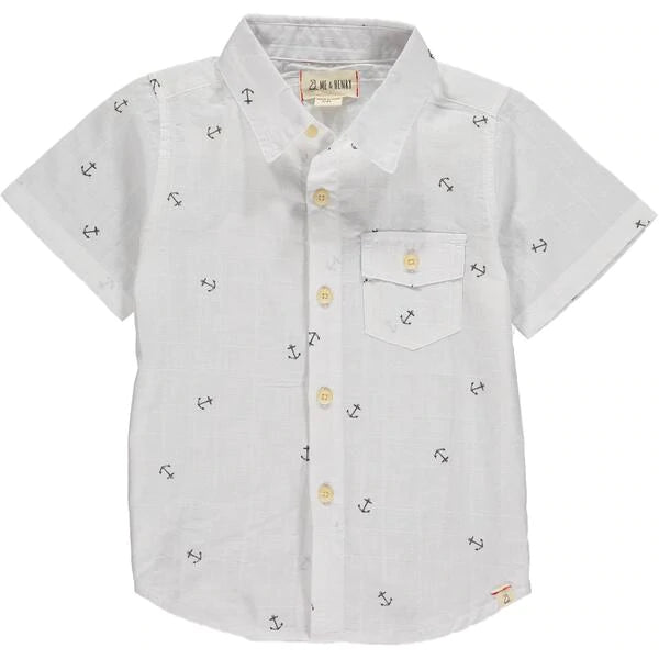 White 100% cotton short-sleeved button-down shirt with subtle anchor print by Me & Henry