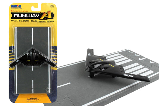 Runway24 B-2 Black die-cast military aircraft with authentic markings and flexible rubber runway section by Daron Toys