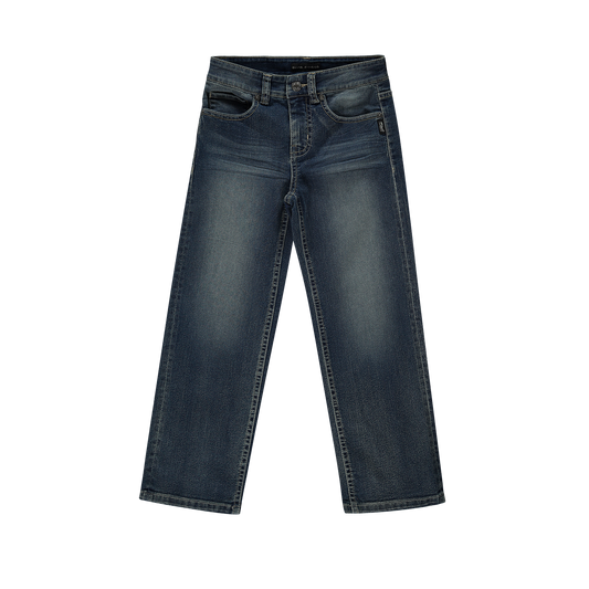 Dark wash loose fit boys' denim with subtle distressing and adjustable waistband