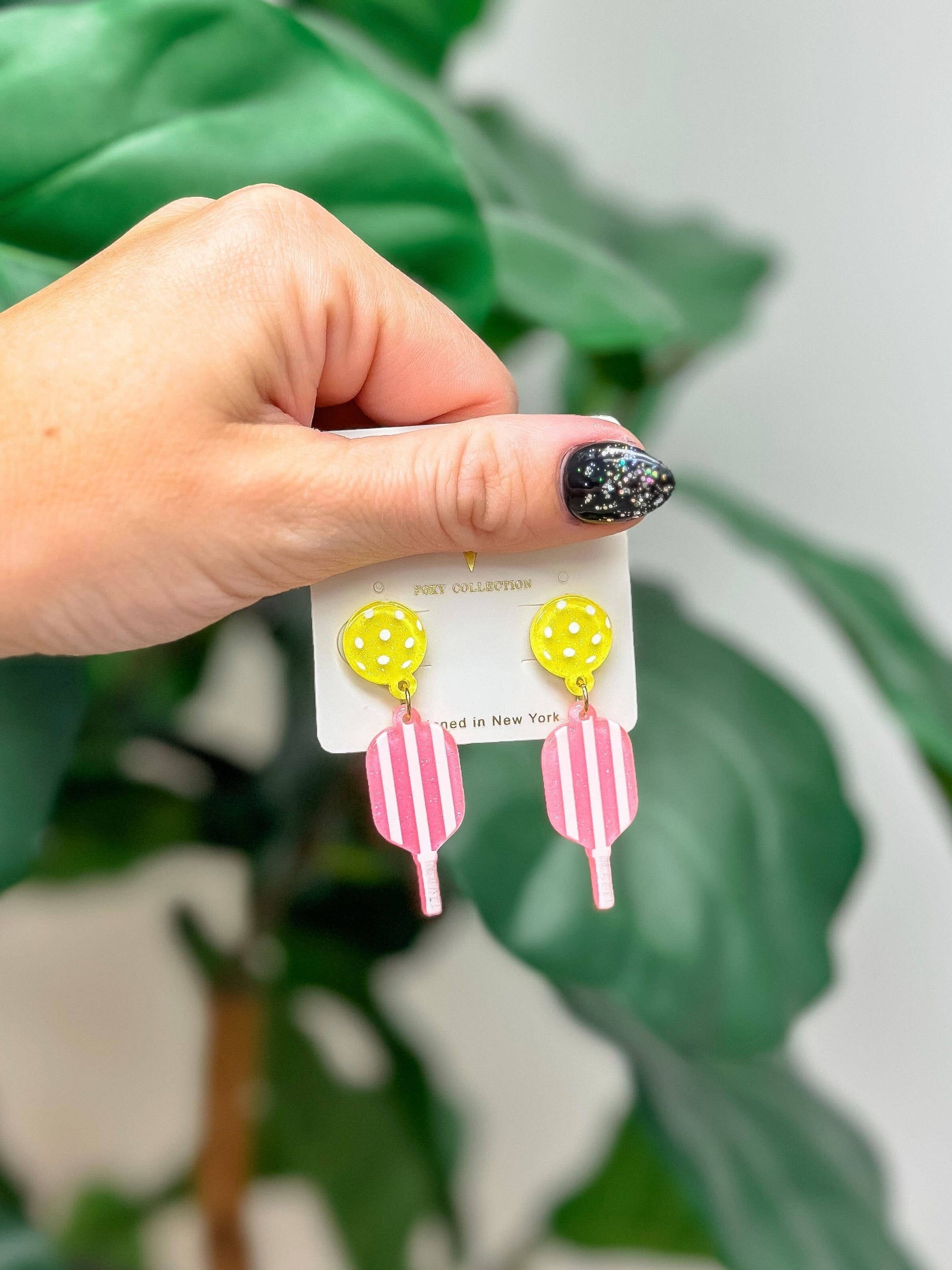 Pink stripe pickleball dangle earrings, 0.75 inch length, delicate preppy style