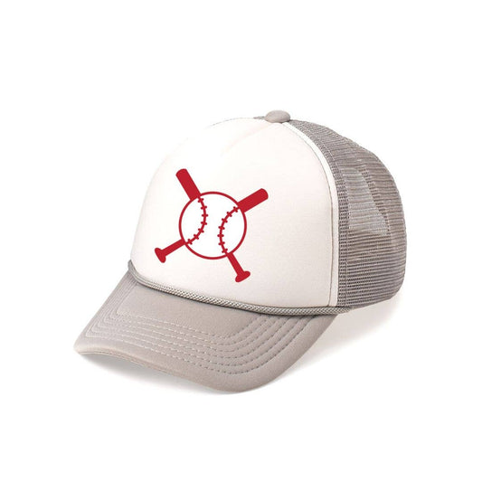 Gray and white baseball trucker hat with red accents by Sweet Wink, adjustable snap back closure