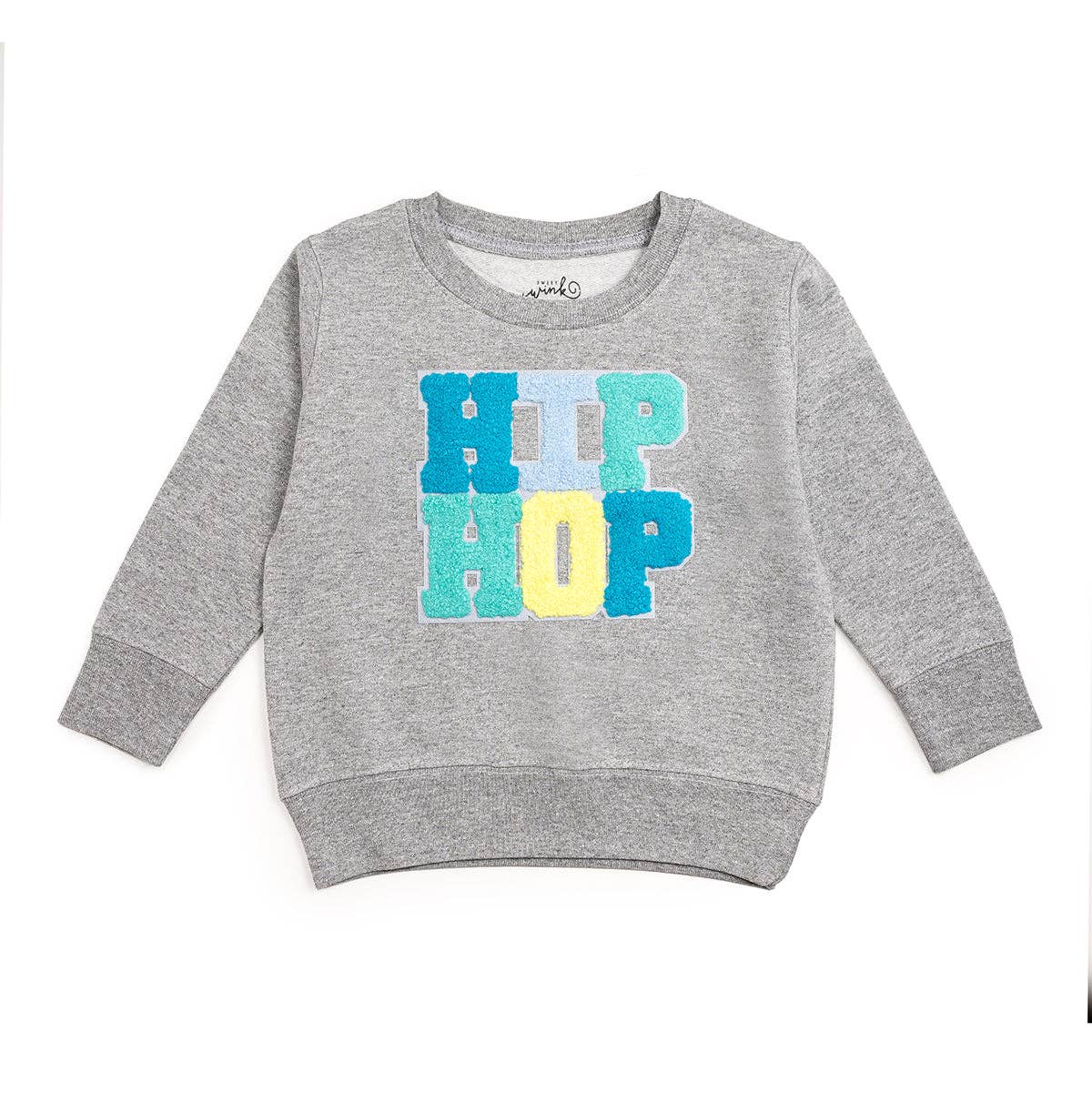 Gray toddler Easter sweatshirt with colorful HIP HOP chenille patch, unisex fleece crewneck pullover for kids, cotton-polyester blend
