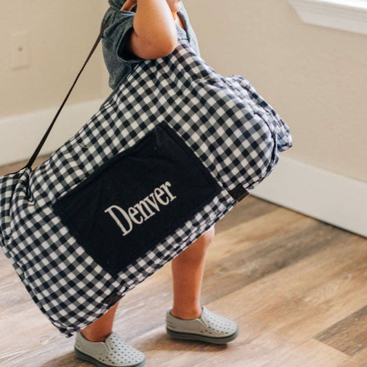 Black gingham nap mat with included pillow by Sugar Bee Clothing