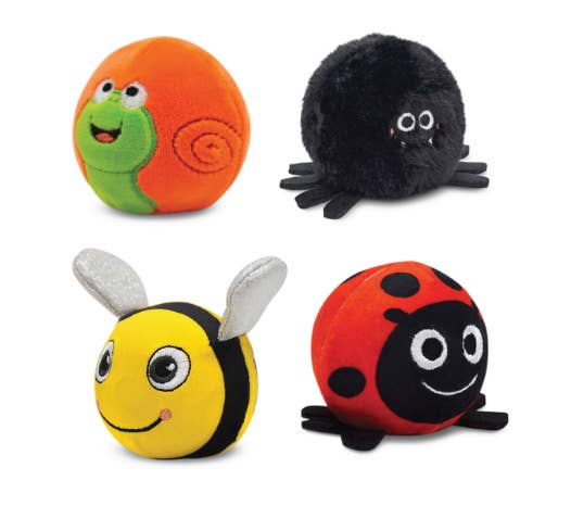 PBJ Buggers plush toy collection by Streamline: Dottie Ladybug, Queen B Bee, Harry Spider, Shelly Snail with gel-filled cores
