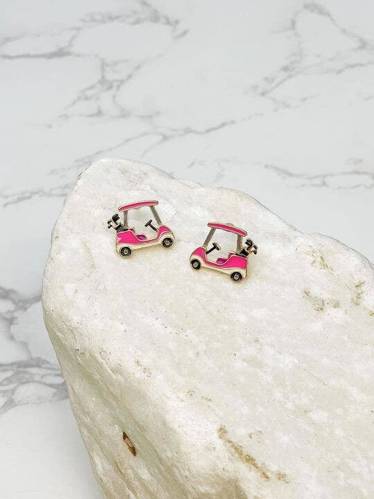 Pink golf cart enamel stud earrings, 0.60 inch, lead and nickel compliant