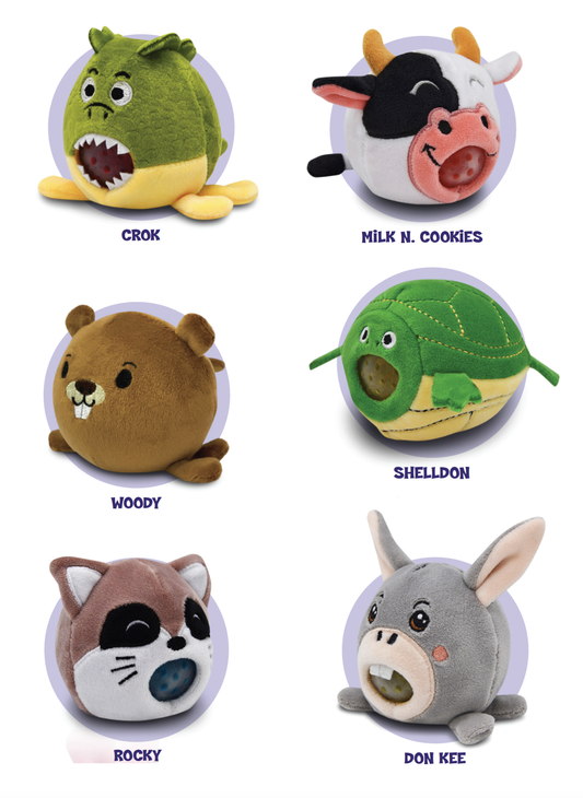 PBJ Critter Crew plush characters by Streamline: Crok, Woody, Rocky, Milk N. Cookies, Shelldon, Don Kee.
