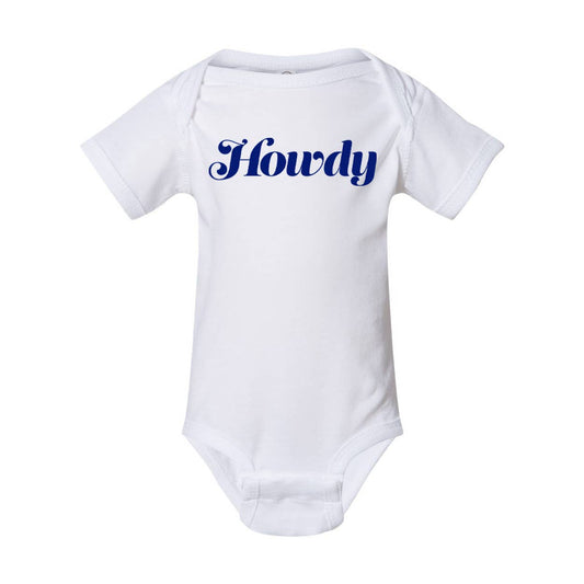 Howdy Onesie in natural cotton by Made in Texas Co., available in newborn to 12-month sizes
