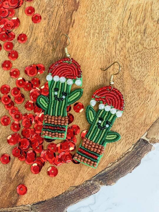Santa Hat Cactus Beaded Dangle Earrings in gold-toned beads with festive holiday design