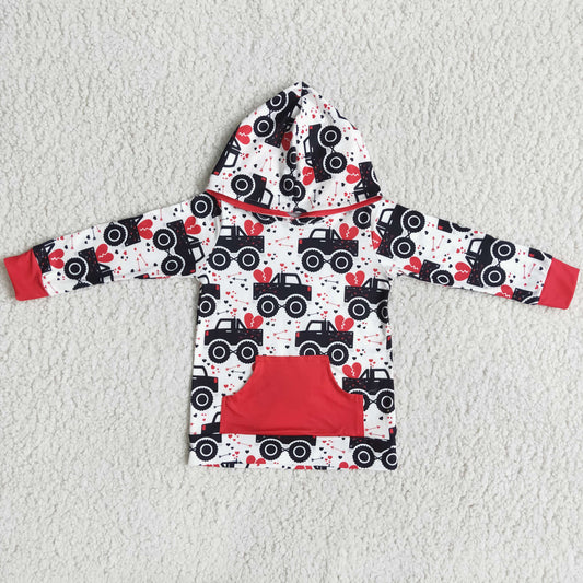 Heart Truck Print Hoodie by Yawoo Garments in silk milk cotton with red cuffs and front pocket