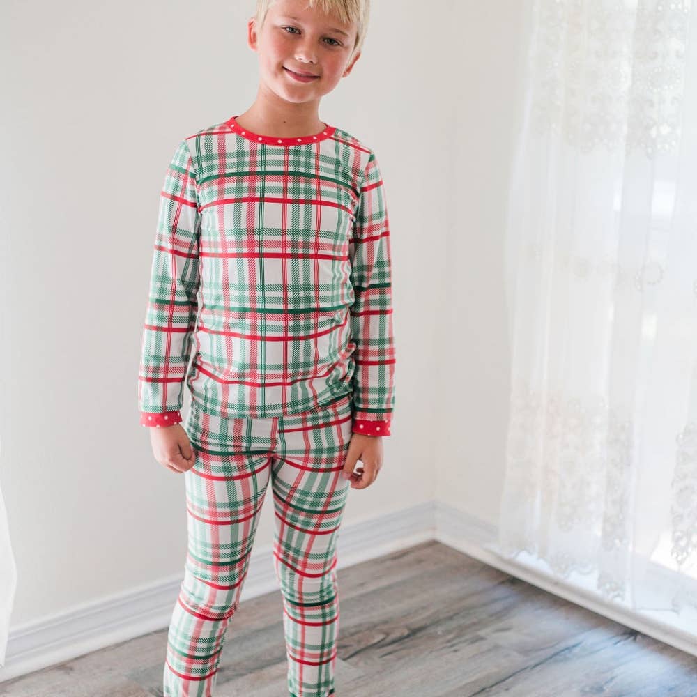 Red and green plaid buttflap pajamas by Sugar Bee Clothing for children