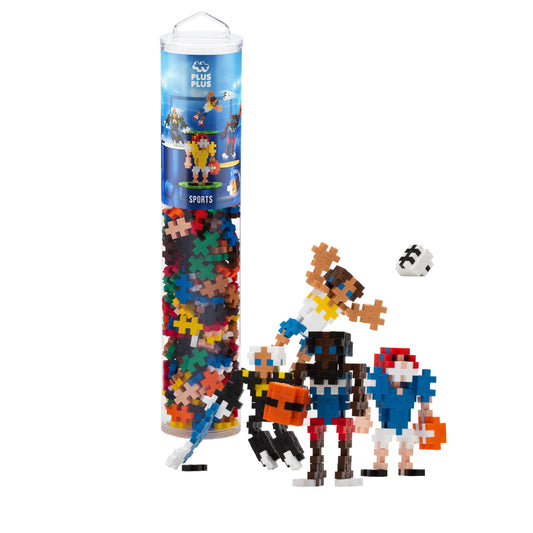 Plus-Plus 240-piece Sports tube with colorful construction pieces and travel-friendly reusable container