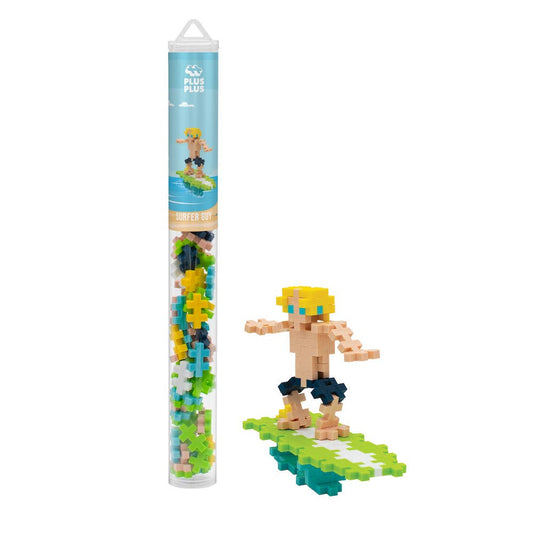 Plus-Plus Tube Surfer Guy construction set with 70+ vibrant pieces and reusable travel container
