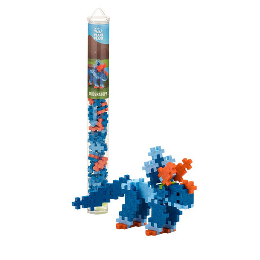 Plus-Plus Tube Triceratops building set with 70+ colorful interlocking pieces and reusable container
