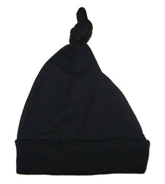 Black knotted baby cap in 100% cotton by Bambini Infant Wear inc., one size fits up to 18 months