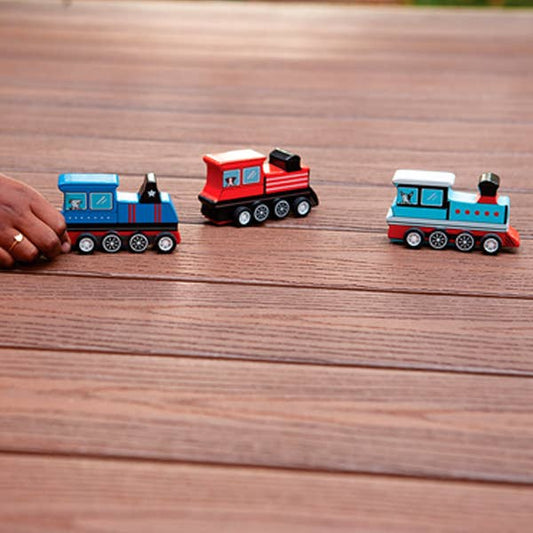 Jack Rabbit Creations wooden pull-back train toy, natural wood finish, simple mechanics for ages 3+