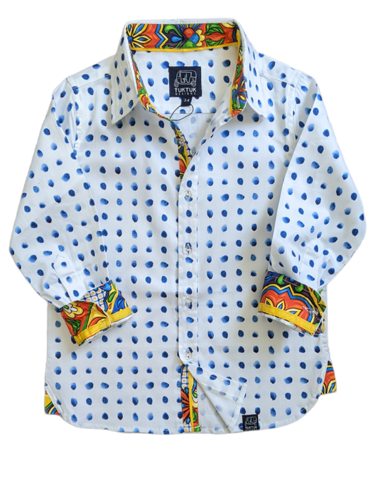 Watercolor Dots Shirt with contrasting collar, cuff, and placket details by TukTuk Designs
