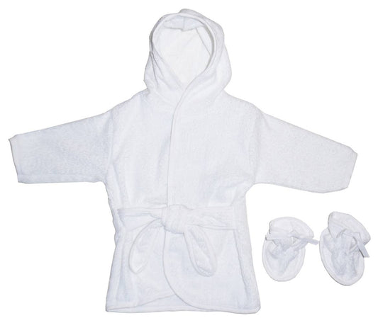 White terry hooded bath robe with white trim and matching booties, newborn–9 months