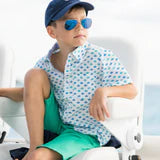 Origami Sailboats boys' shirt in blue and green by TukTuk Designs with detailed collar and placket