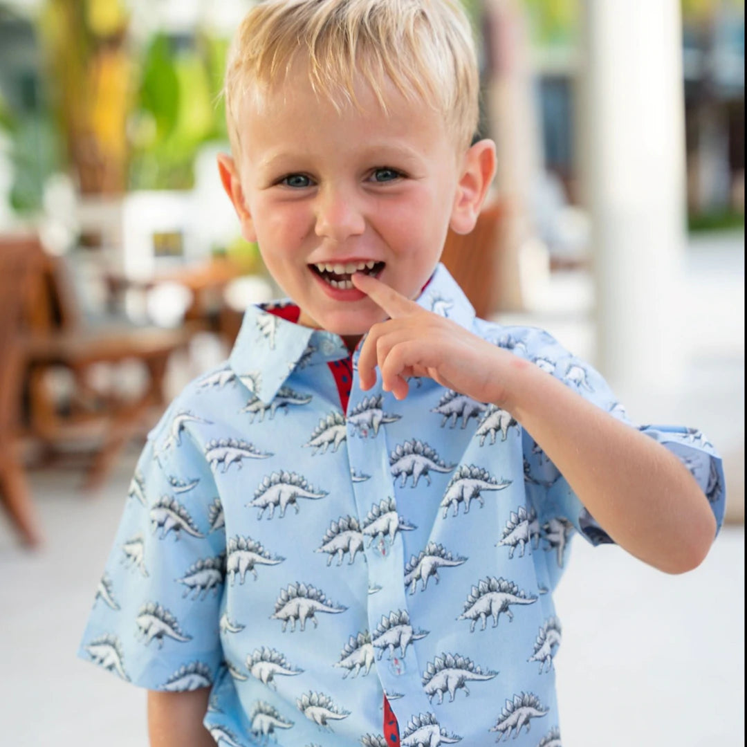 Dinos in Blue boys' shirt by TukTuk Designs with refined collar detailing