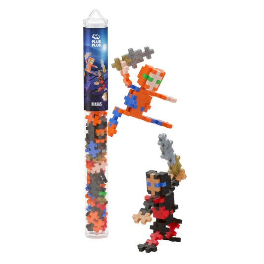 Plus-Plus Ninjas 70-piece building set in reusable tube with black, brown, red, and gold interlocking pieces