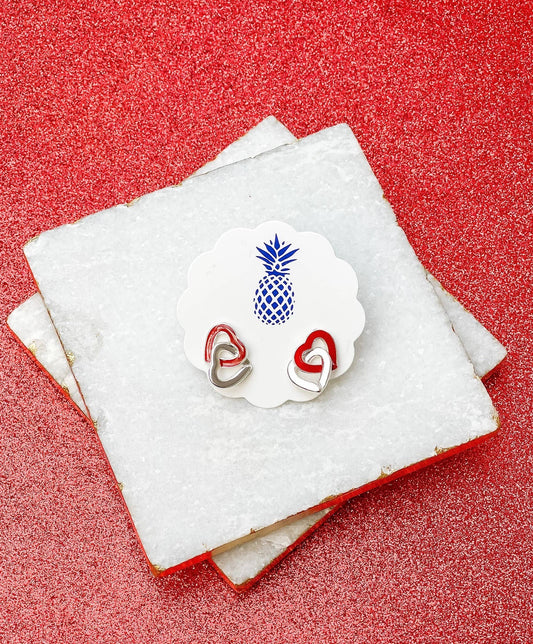 Interlocking red heart stud earrings by Prep Obsessed Wholesale, nickel-free and lead-compliant