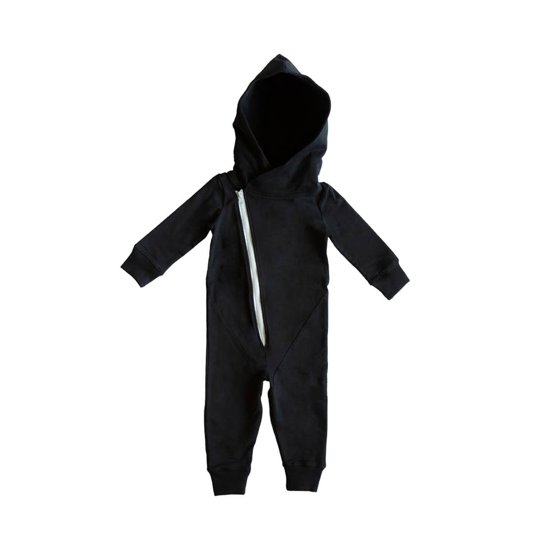 Jet black asymmetrical zip hooded romper in organic cotton fleece