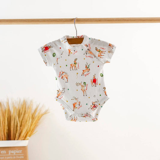 Oh Deer Christmas onesie in organic cotton by Nola Tawk, snaps on shoulder and bottom