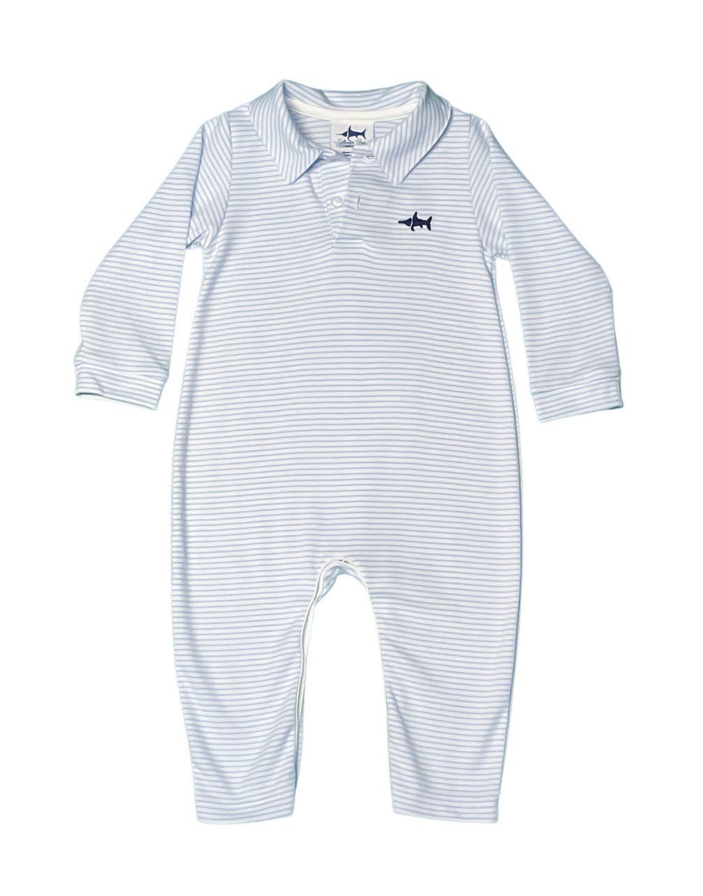 SBC Signature Pima Polo Romper in blue stripe with embroidered marlin detail and snap closures