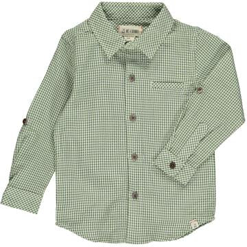 Atwood Woven Shirt by Me & Henry in green and white grid pattern, long-sleeve button-up with breast pocket