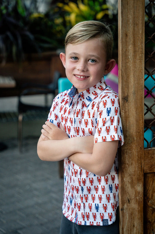 Lobsters Shirt in Short Sleeves by TukTuk Designs, cream with detailed collar and cuff