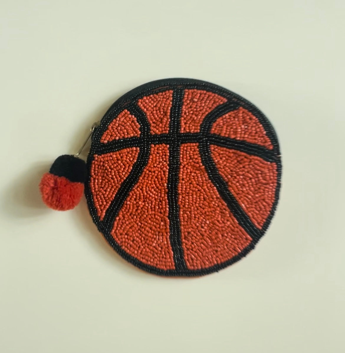 La Chic Basketball Beaded Purse, round beaded design with zipper and pompom accent