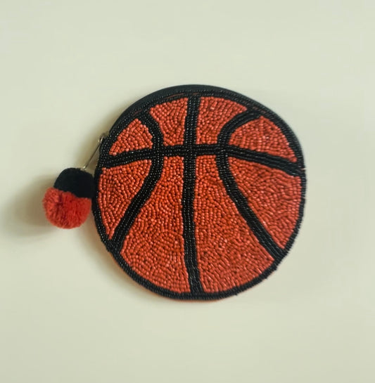 La Chic Basketball Beaded Purse, round beaded design with zipper and pompom accent