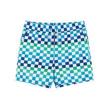 Load image into Gallery viewer, A pair of checkered swim trunks, with a  blue ombre changing into a cool, green color. 
