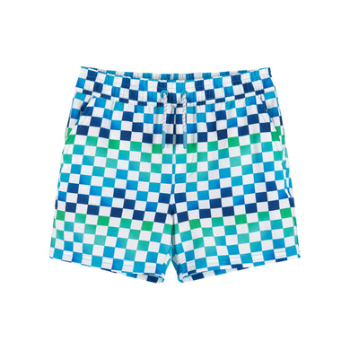 A pair of checkered swim trunks, with a  blue ombre changing into a cool, green color. 