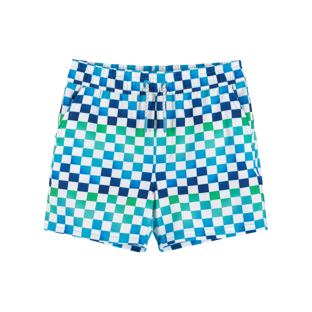 A pair of checkered swim trunks, with a  blue ombre changing into a cool, green color. 