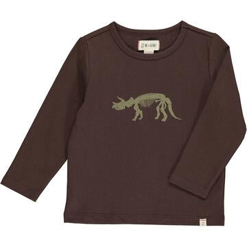 Brown cotton raglan tee with triceratops skeleton illustration by Me & Henry