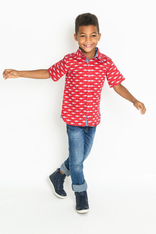 Red Mako Shark shirt by TukTuk Designs with detailed collar and cuff work