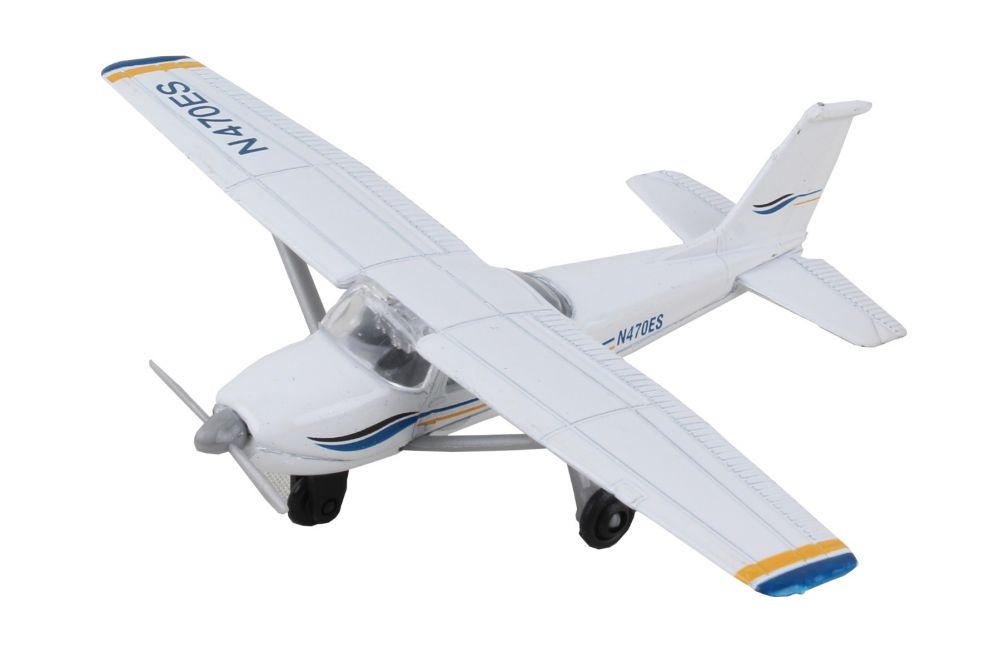 Runway24 blue and white die-cast metal airplane by Daron with flexible rubber runway section