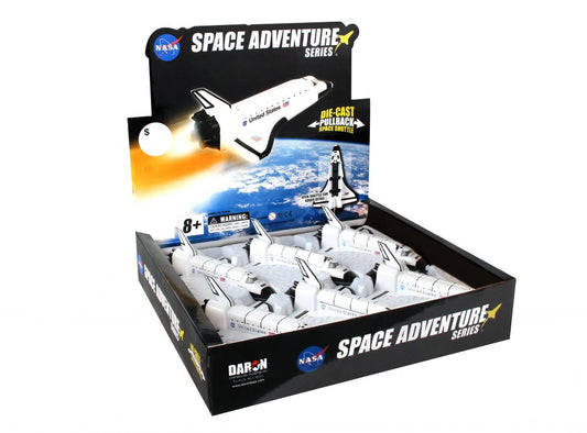 Daron die-cast metal space shuttle with open doors and pullback mechanism, approximately 7½ inches long