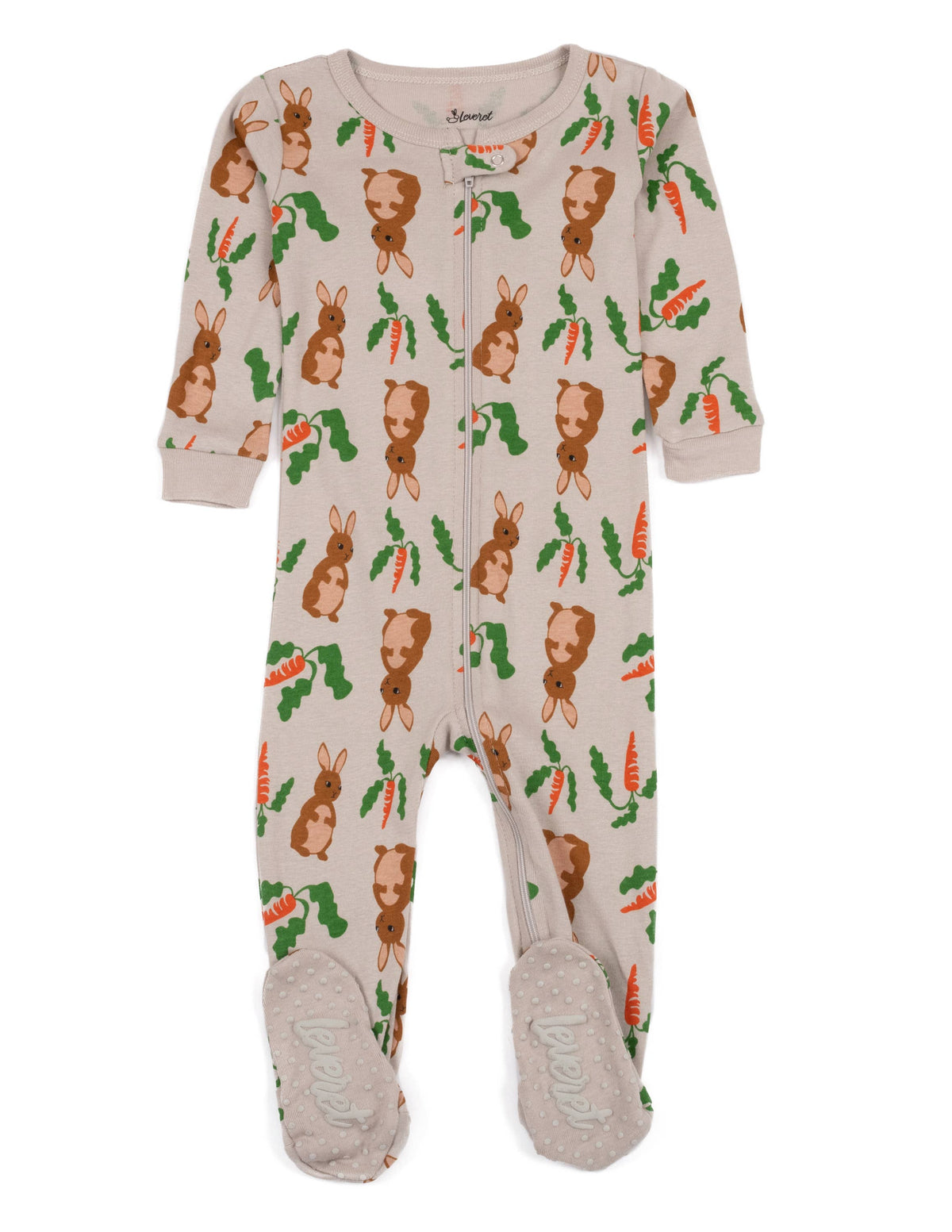 Easter bunny-themed footie pajama romper for toddlers with carrots and green leaves print — soft cotton baby sleepwear outfit