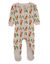Load image into Gallery viewer, Easter bunny-themed footie pajama romper for toddlers with carrots and green leaves print — soft cotton baby sleepwear outfit
