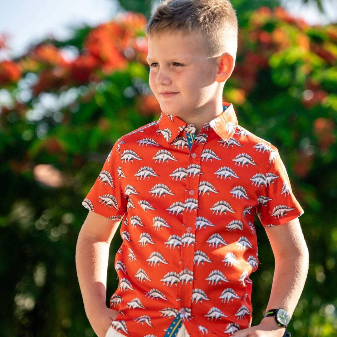 Tangerine boys' shirt with subtle dino print and refined collar detail by TukTuk Designs