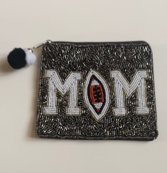 La Chic silver beaded purse with white 'Football Mom' text and pompom detail