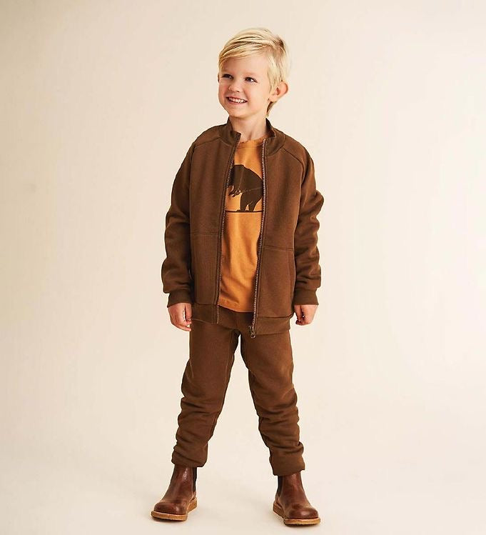 Fred's World brown full zip sweatshirt with long sleeves, ribbed edges, and front pockets