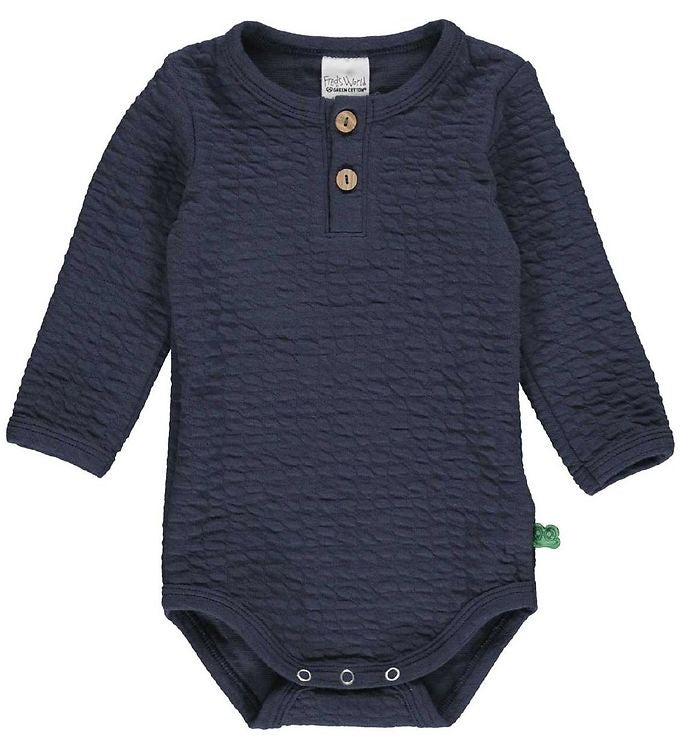 Fred's World navy jacquard long-sleeved onesie with brown neck button and snap leg closures