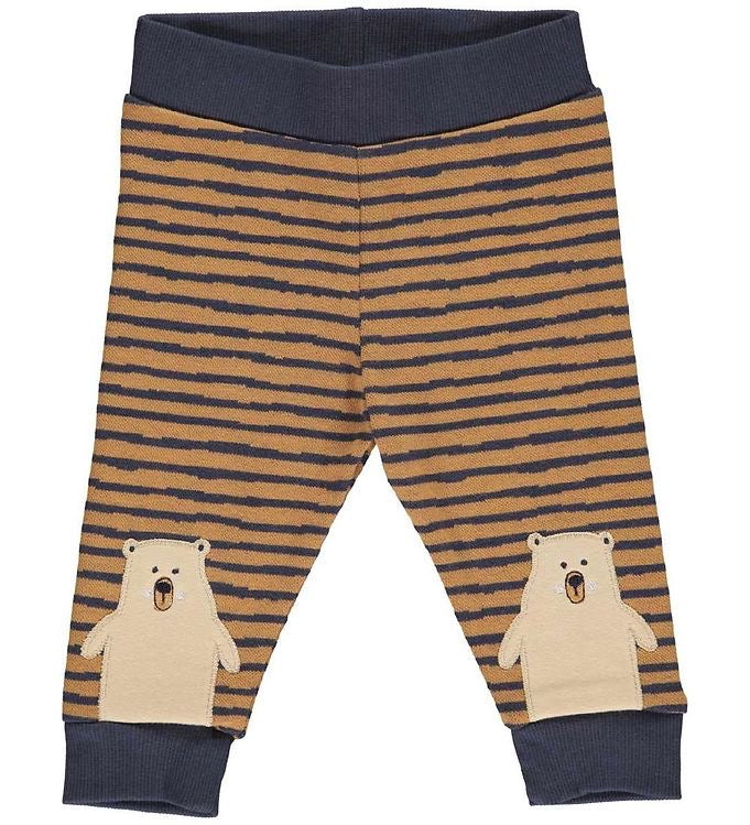 Brown striped baby pants with navy horizontal stripes and beige polar bear appliqué at cuffs