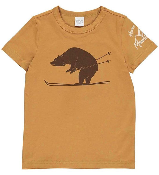 Light brown Fred's World t-shirt with brown skiing bear print on front and white text on sleeve