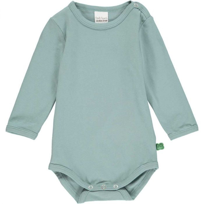Fred's World Alfa long-sleeved bodysuit in Lake, organic cotton with snap closures