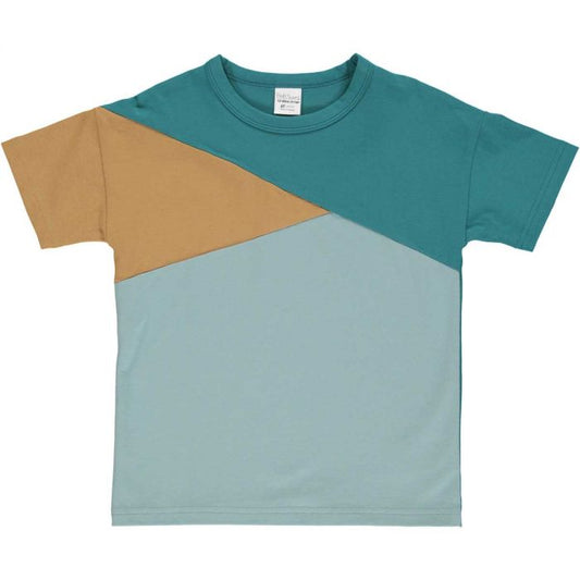 Fred's World Alfa t-shirt geometric pattern, Lake with Biscuit and Mineral colorway