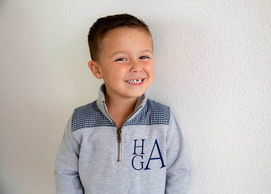 Youth 1/4 Zip Miller Pullover - Grey with Navy Gingham